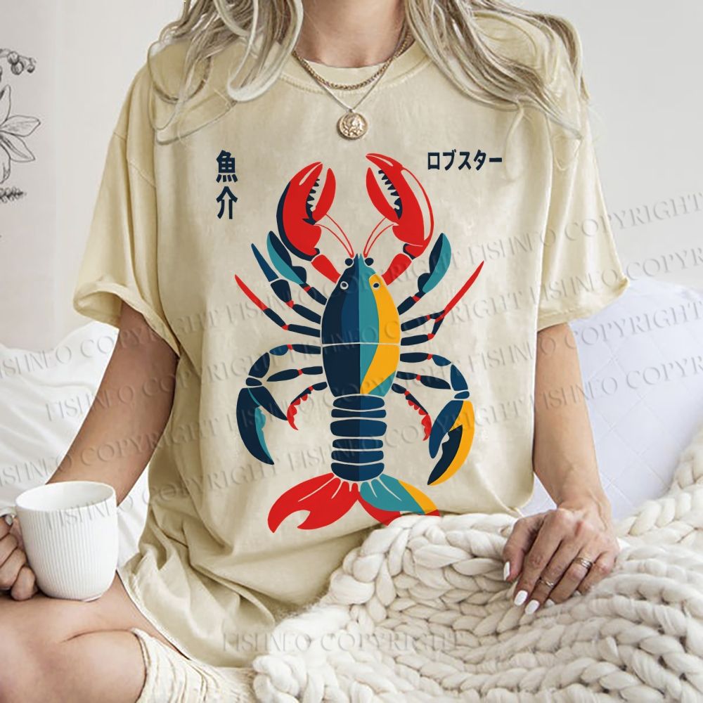 Unisex Colorful Cartoon Lobster Printed Washed Tee
