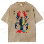 Unisex Colorful Cartoon Lobster Printed Washed Tee