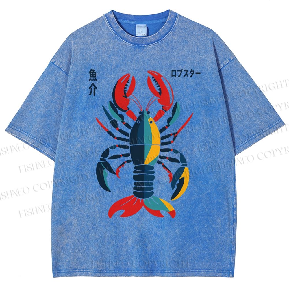 Unisex Colorful Cartoon Lobster Printed Washed Tee