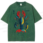 Unisex Colorful Cartoon Lobster Printed Washed Tee