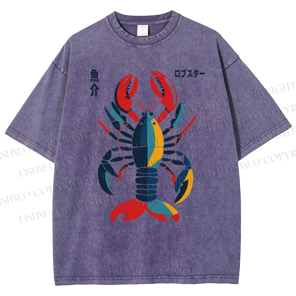 Unisex Colorful Cartoon Lobster Printed Washed Tee