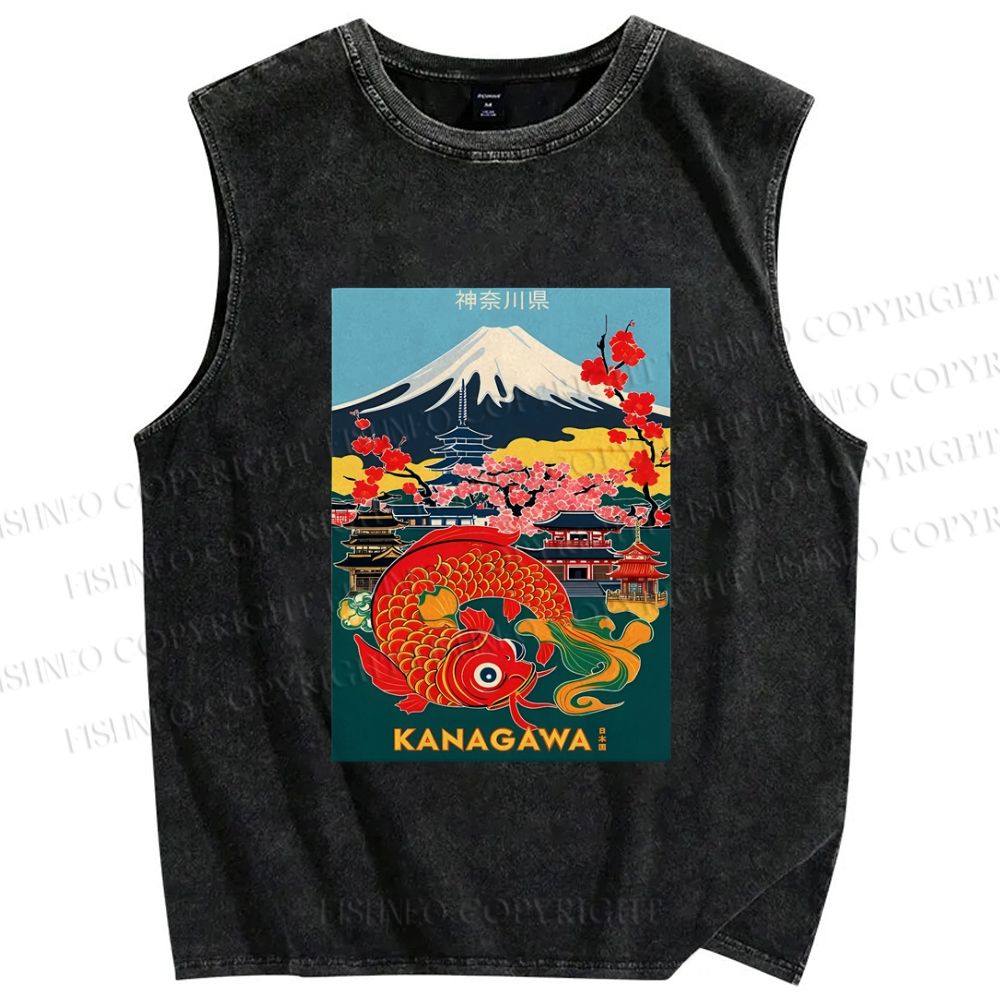Unisex Kanagawa Printed Washed Tank Top