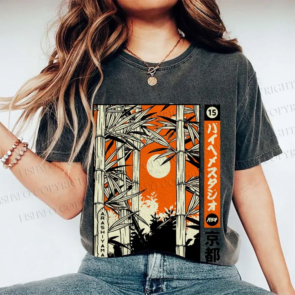 Unisex Japanese Art Bamboo Kyoto Printed Washed Tee