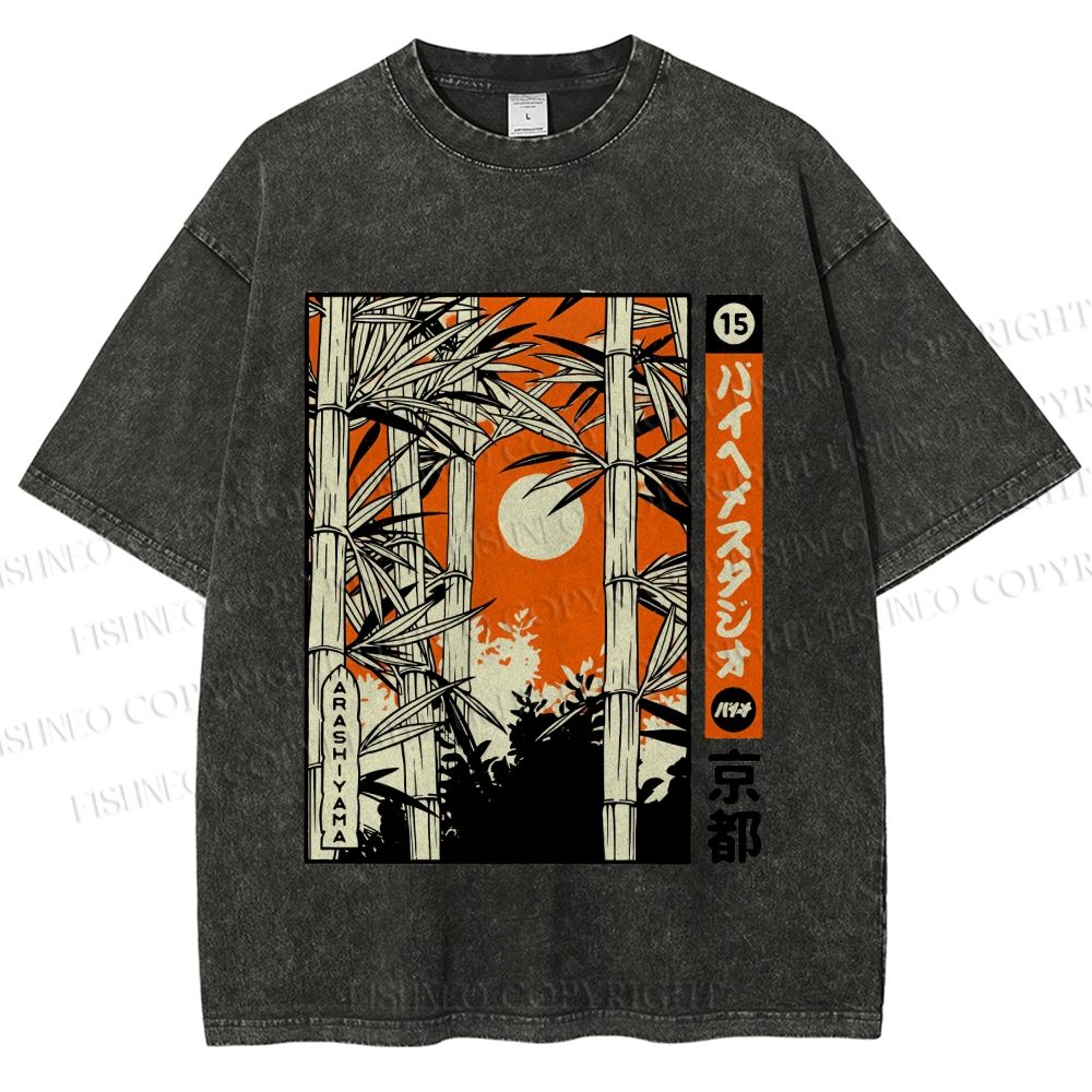 Unisex Japanese Art Bamboo Kyoto Printed Washed Tee