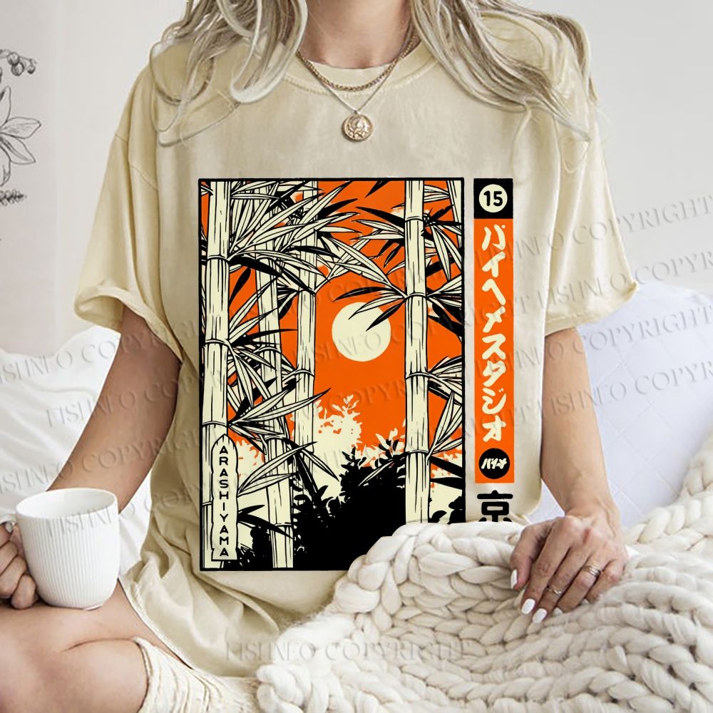 Unisex Japanese Art Bamboo Kyoto Printed Washed Tee