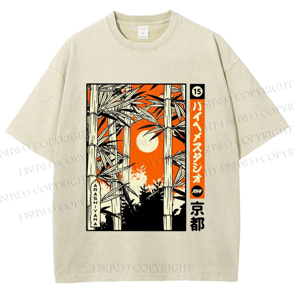 Unisex Japanese Art Bamboo Kyoto Printed Washed Tee