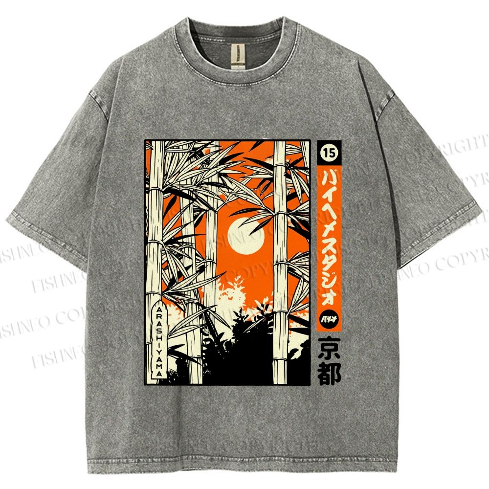Unisex Japanese Art Bamboo Kyoto Printed Washed Tee