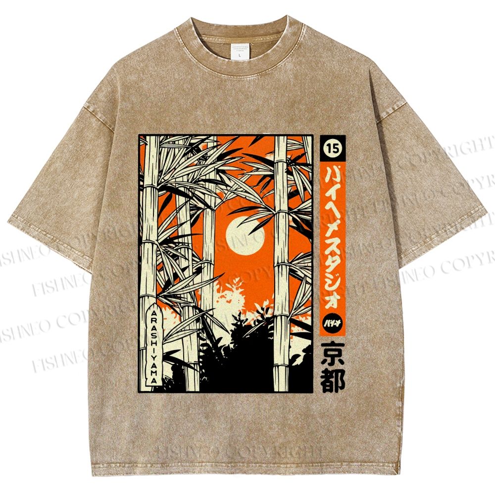 Unisex Japanese Art Bamboo Kyoto Printed Washed Tee