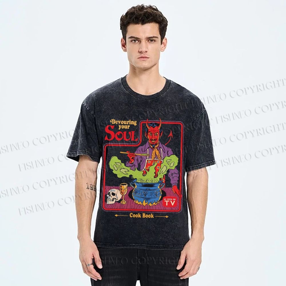 Unisex Vintage Graffiti Devouring Your Soul Cook Book Printed Washed Tee