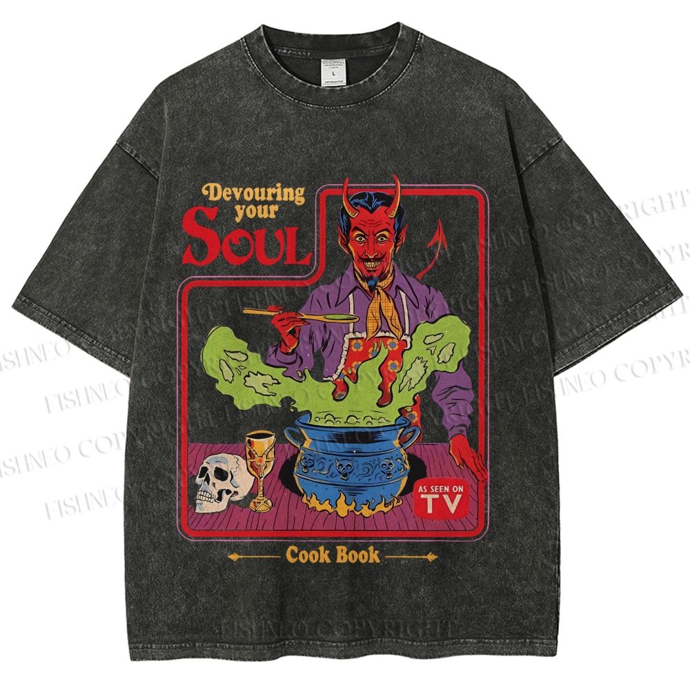 Unisex Vintage Graffiti Devouring Your Soul Cook Book Printed Washed Tee