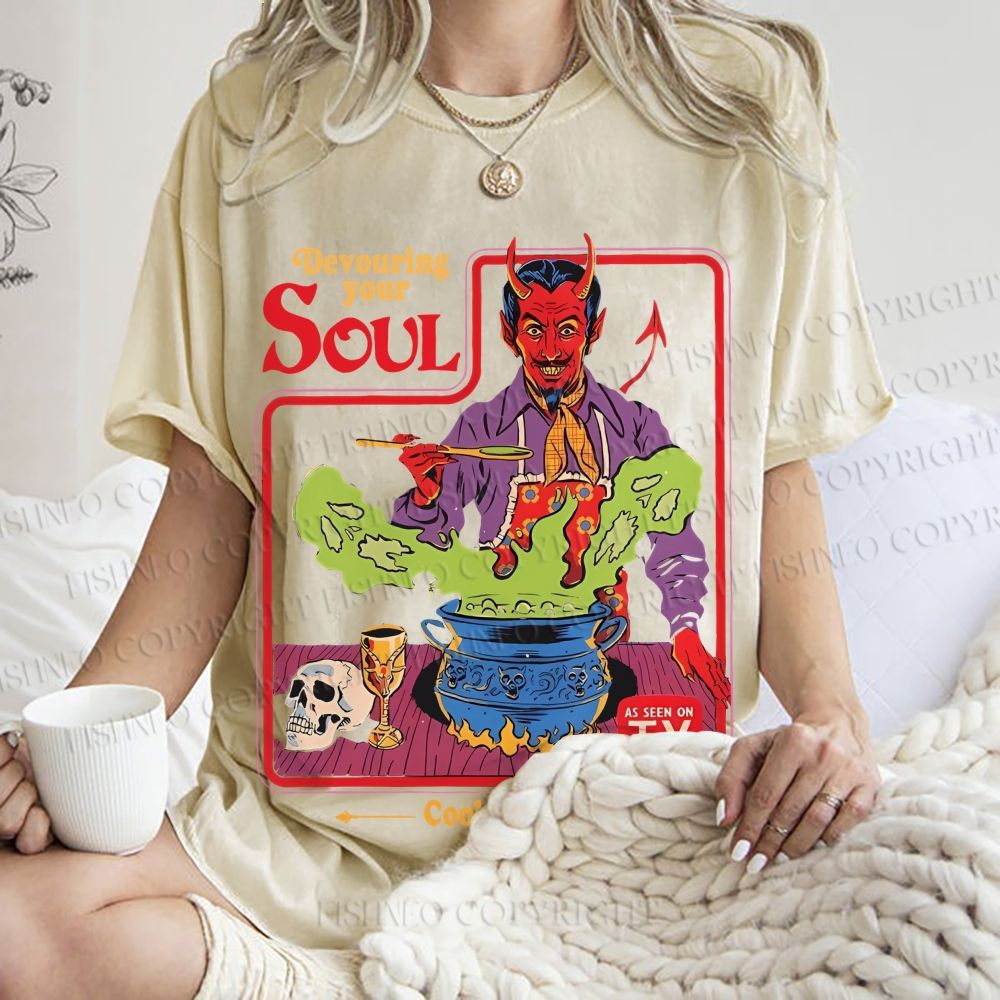 Unisex Vintage Graffiti Devouring Your Soul Cook Book Printed Washed Tee