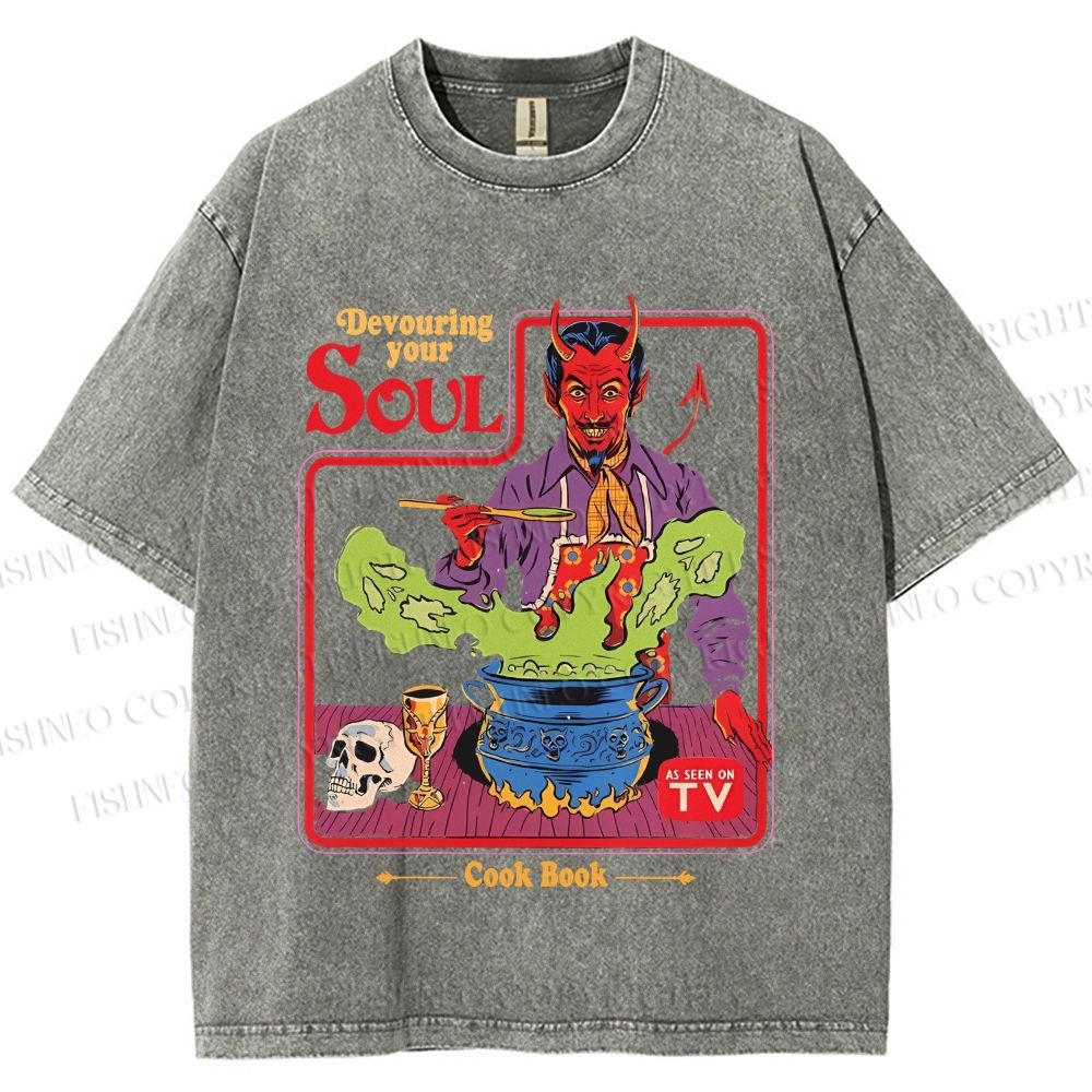 Unisex Vintage Graffiti Devouring Your Soul Cook Book Printed Washed Tee