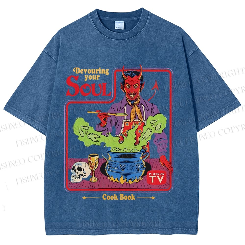 Unisex Vintage Graffiti Devouring Your Soul Cook Book Printed Washed Tee