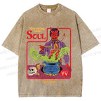 Unisex Vintage Graffiti Devouring Your Soul Cook Book Printed Washed Tee