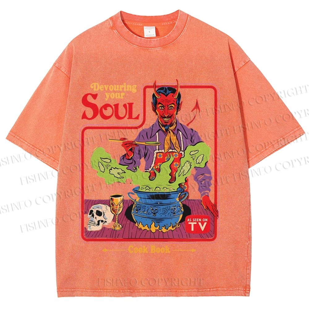 Unisex Vintage Graffiti Devouring Your Soul Cook Book Printed Washed Tee