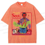 Unisex Vintage Graffiti Devouring Your Soul Cook Book Printed Washed Tee