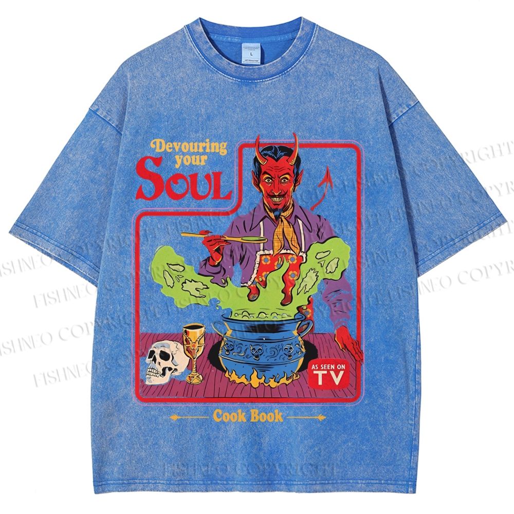 Unisex Vintage Graffiti Devouring Your Soul Cook Book Printed Washed Tee