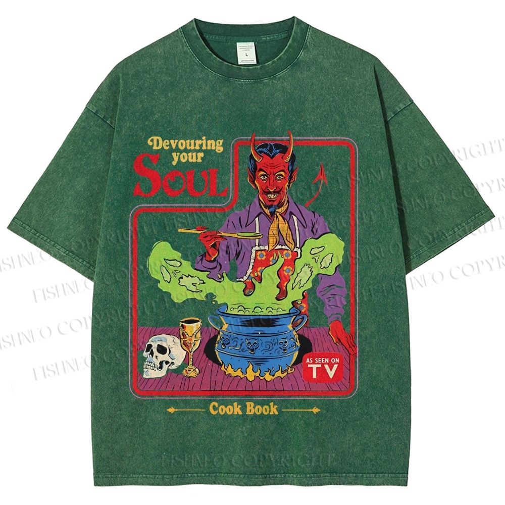 Unisex Vintage Graffiti Devouring Your Soul Cook Book Printed Washed Tee