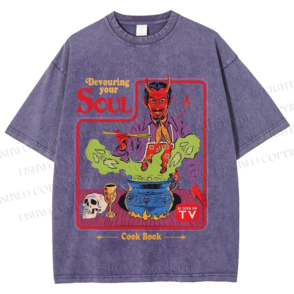 Unisex Vintage Graffiti Devouring Your Soul Cook Book Printed Washed Tee