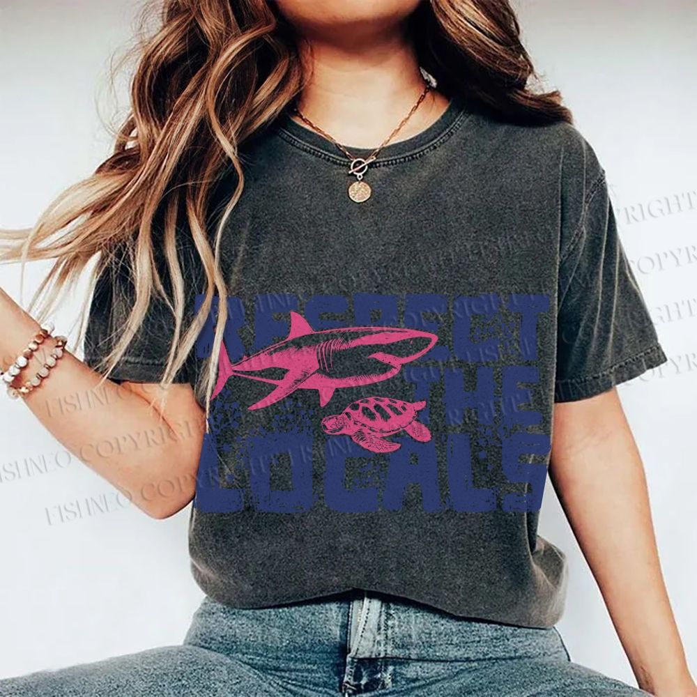Unisex Vintage Fish Shark Respect The Locals Printed Washed Tee