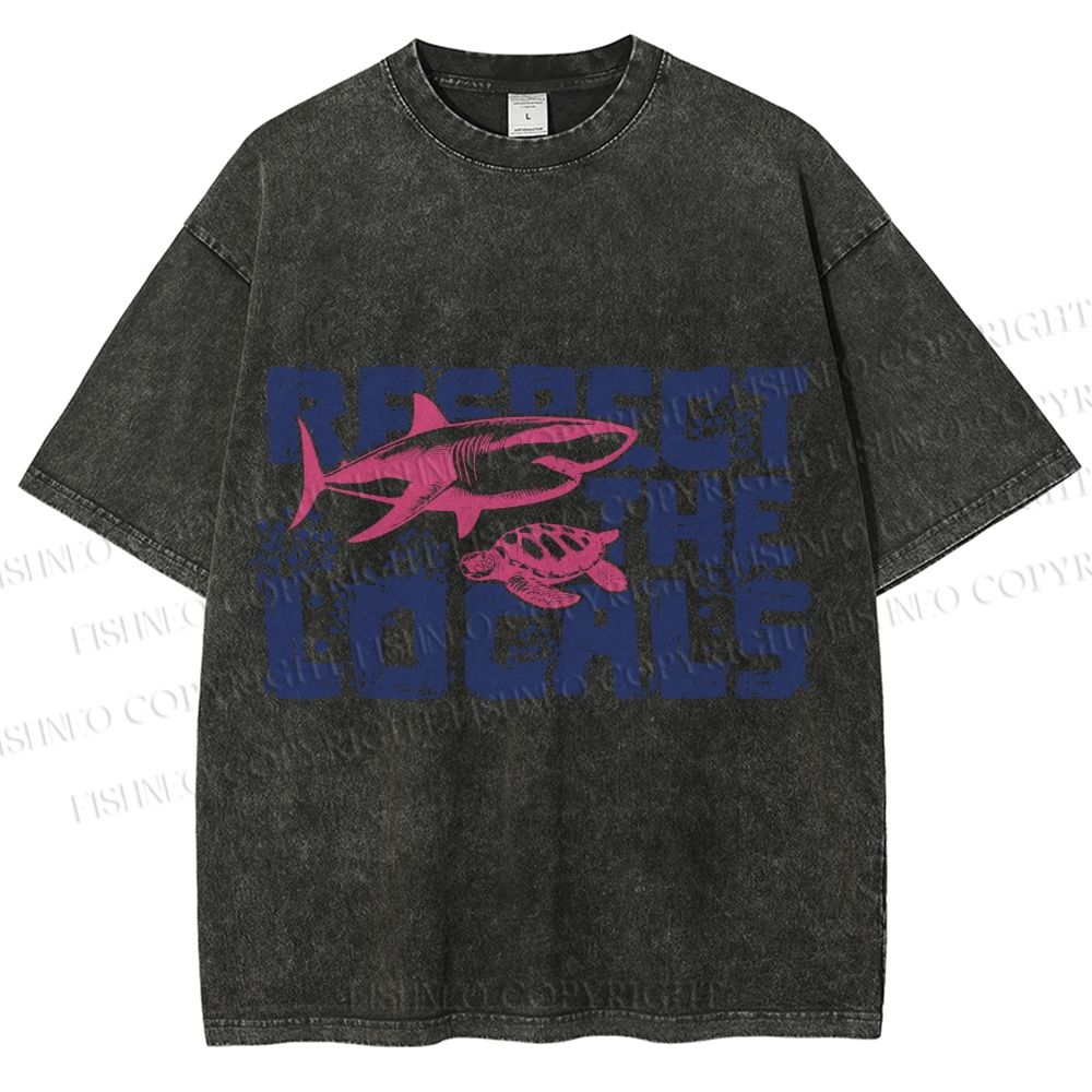 Unisex Vintage Fish Shark Respect The Locals Printed Washed Tee