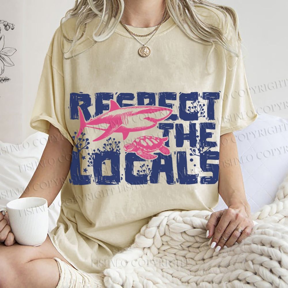 Unisex Vintage Fish Shark Respect The Locals Printed Washed Tee