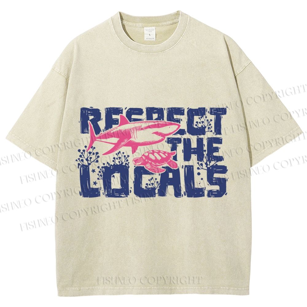 Unisex Vintage Fish Shark Respect The Locals Printed Washed Tee