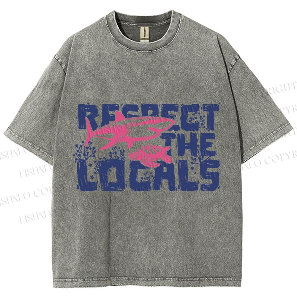 Unisex Vintage Fish Shark Respect The Locals Printed Washed Tee