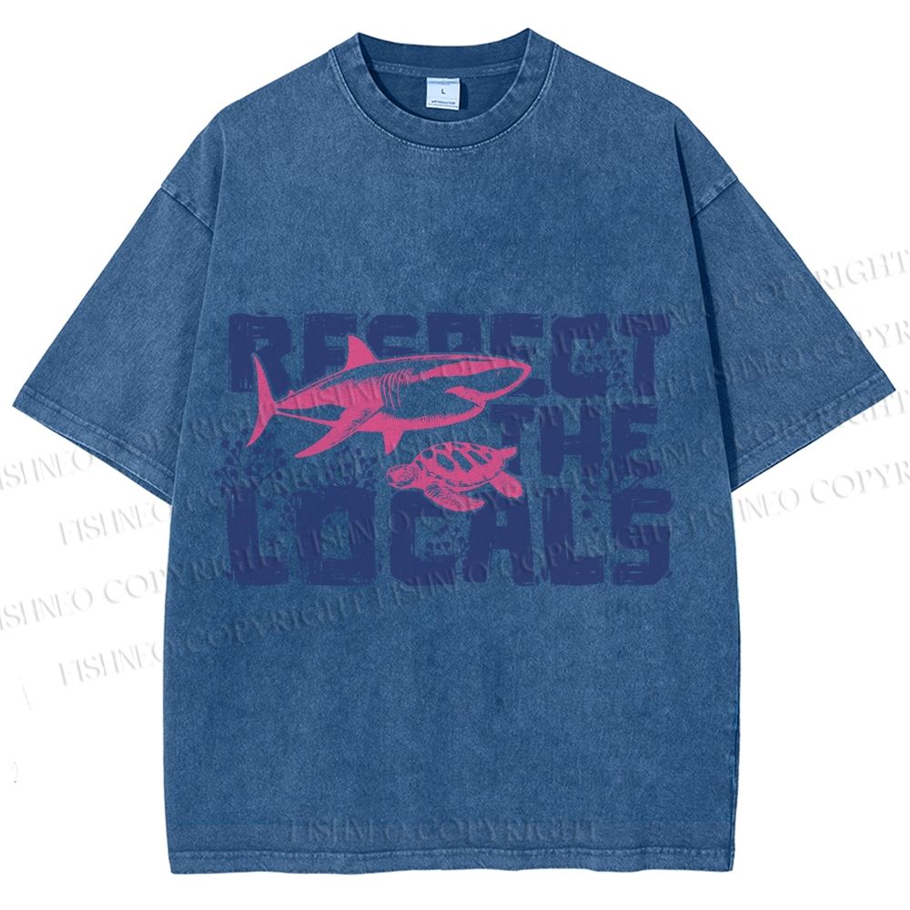 Unisex Vintage Fish Shark Respect The Locals Printed Washed Tee