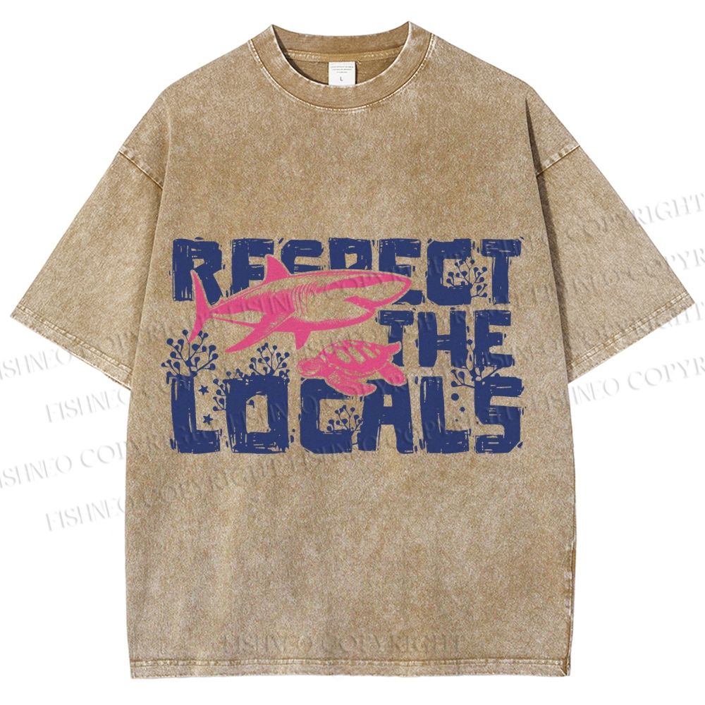 Unisex Vintage Fish Shark Respect The Locals Printed Washed Tee