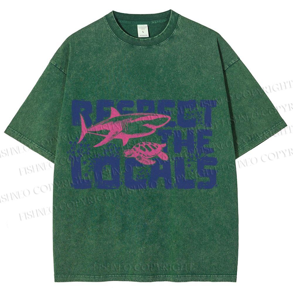 Unisex Vintage Fish Shark Respect The Locals Printed Washed Tee