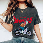 Unisex Japanese Ultra Man Motorcycle Printed Washed Tee