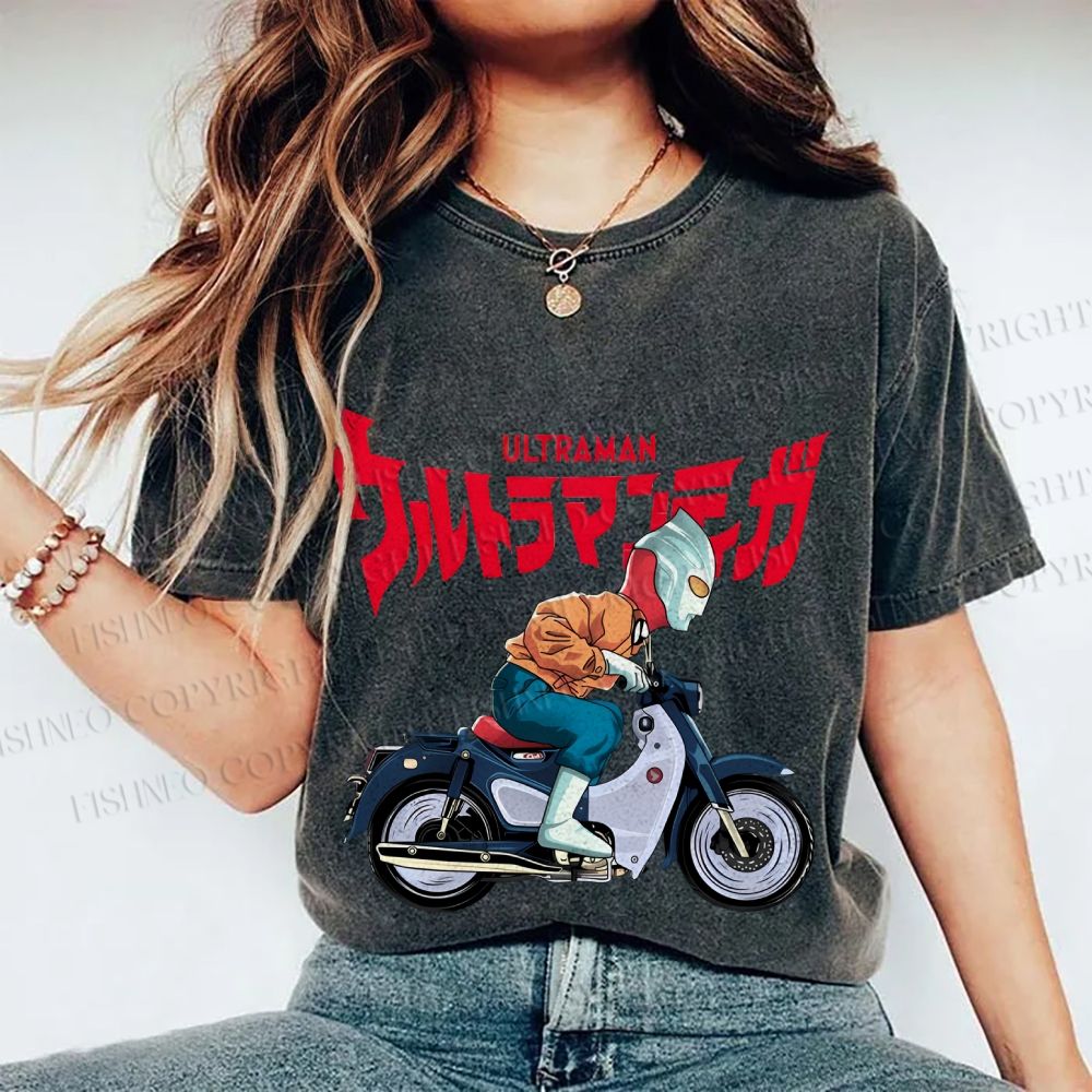 Unisex Japanese Ultra Man Motorcycle Printed Washed Tee