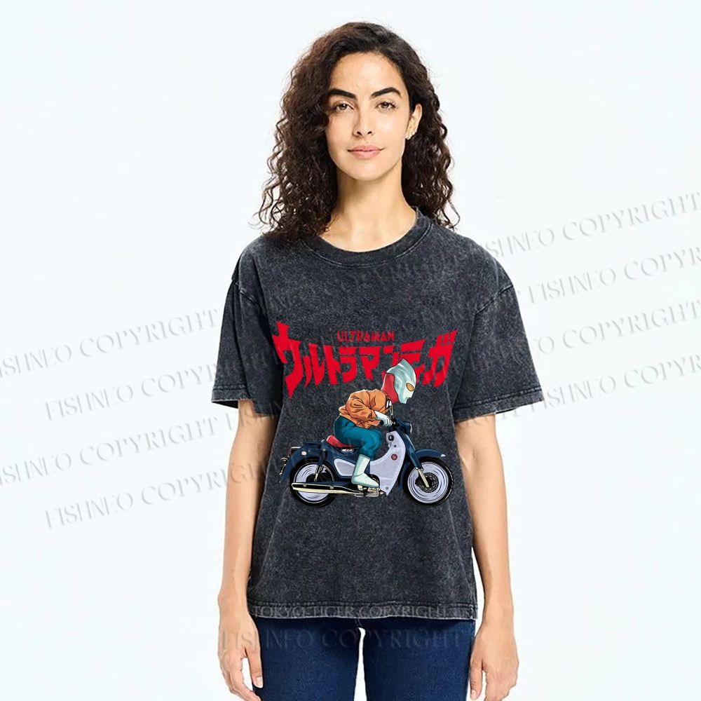 Unisex Japanese Ultra Man Motorcycle Printed Washed Tee