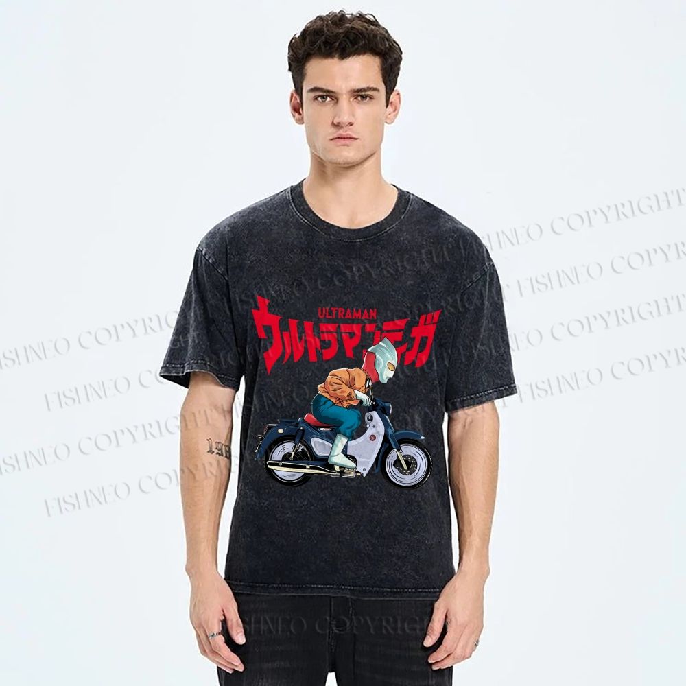 Unisex Japanese Ultra Man Motorcycle Printed Washed Tee