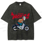Unisex Japanese Ultra Man Motorcycle Printed Washed Tee