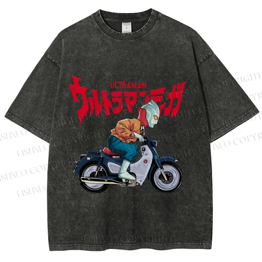 Unisex Japanese Ultra Man Motorcycle Printed Washed Tee