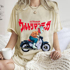 Unisex Japanese Ultra Man Motorcycle Printed Washed Tee