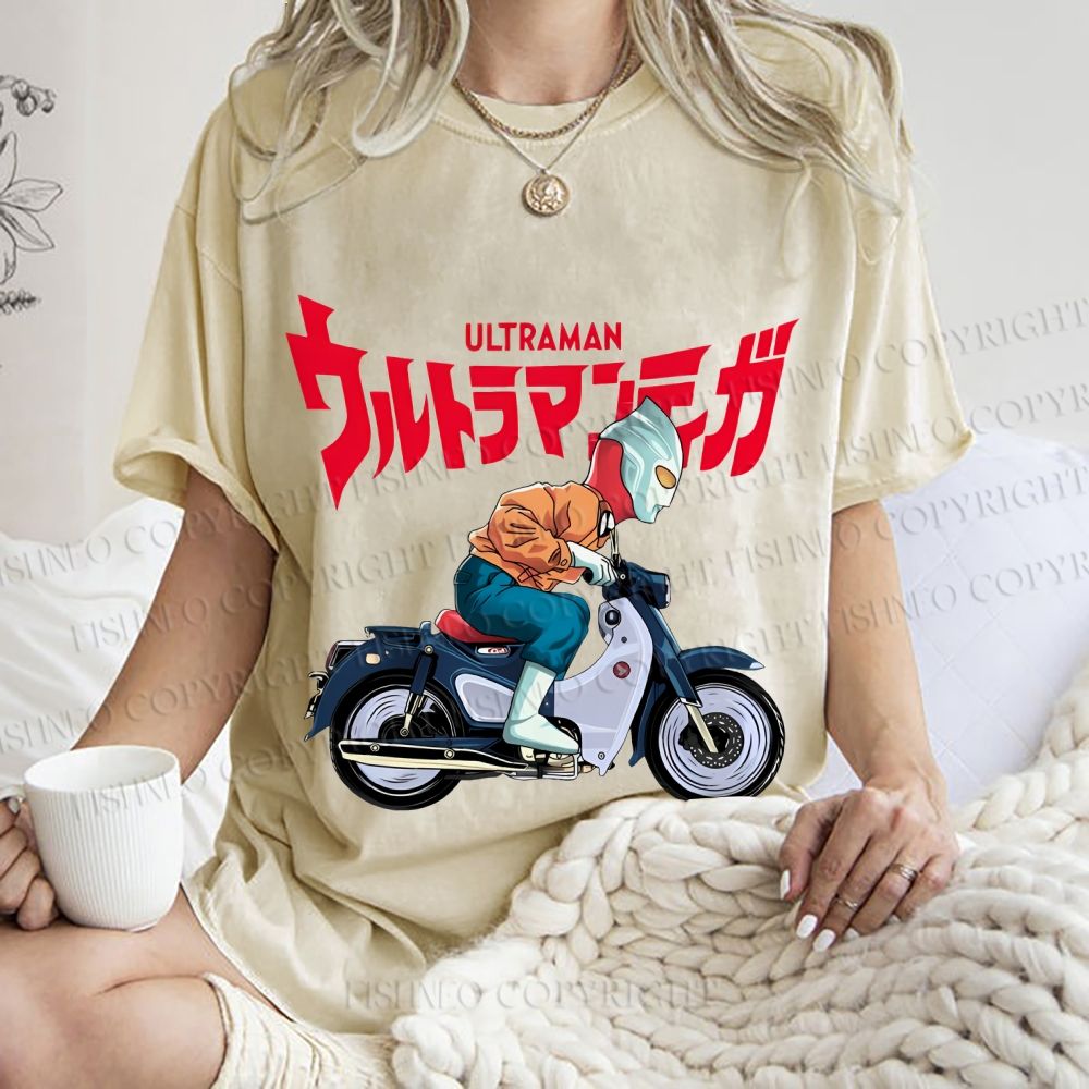 Unisex Japanese Ultra Man Motorcycle Printed Washed Tee