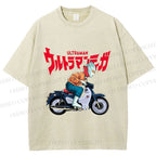 Unisex Japanese Ultra Man Motorcycle Printed Washed Tee