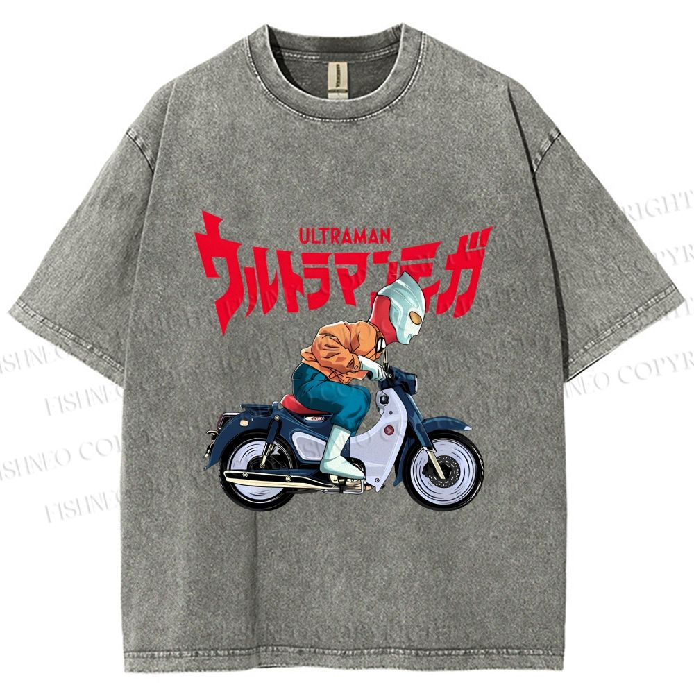 Unisex Japanese Ultra Man Motorcycle Printed Washed Tee