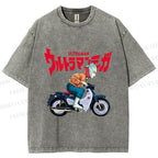 Unisex Japanese Ultra Man Motorcycle Printed Washed Tee