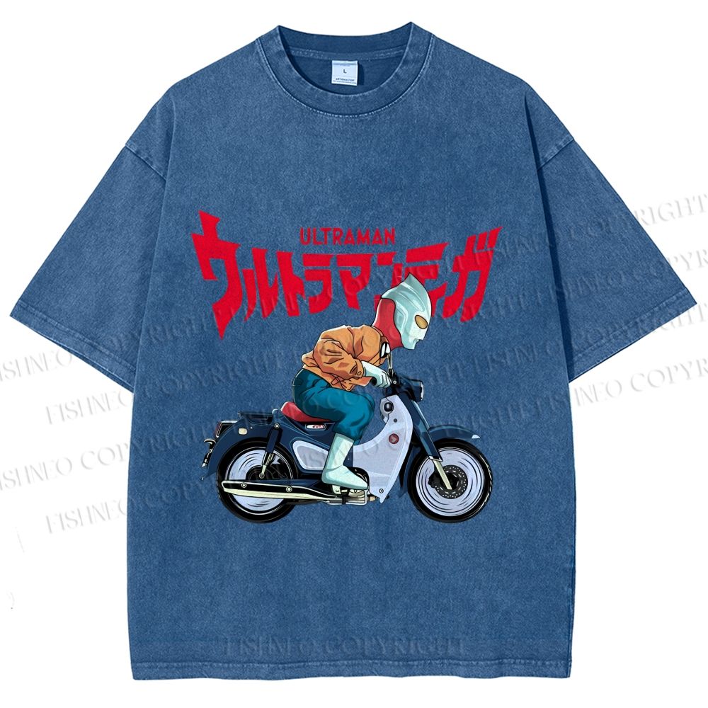 Unisex Japanese Ultra Man Motorcycle Printed Washed Tee