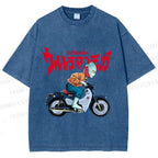 Unisex Japanese Ultra Man Motorcycle Printed Washed Tee