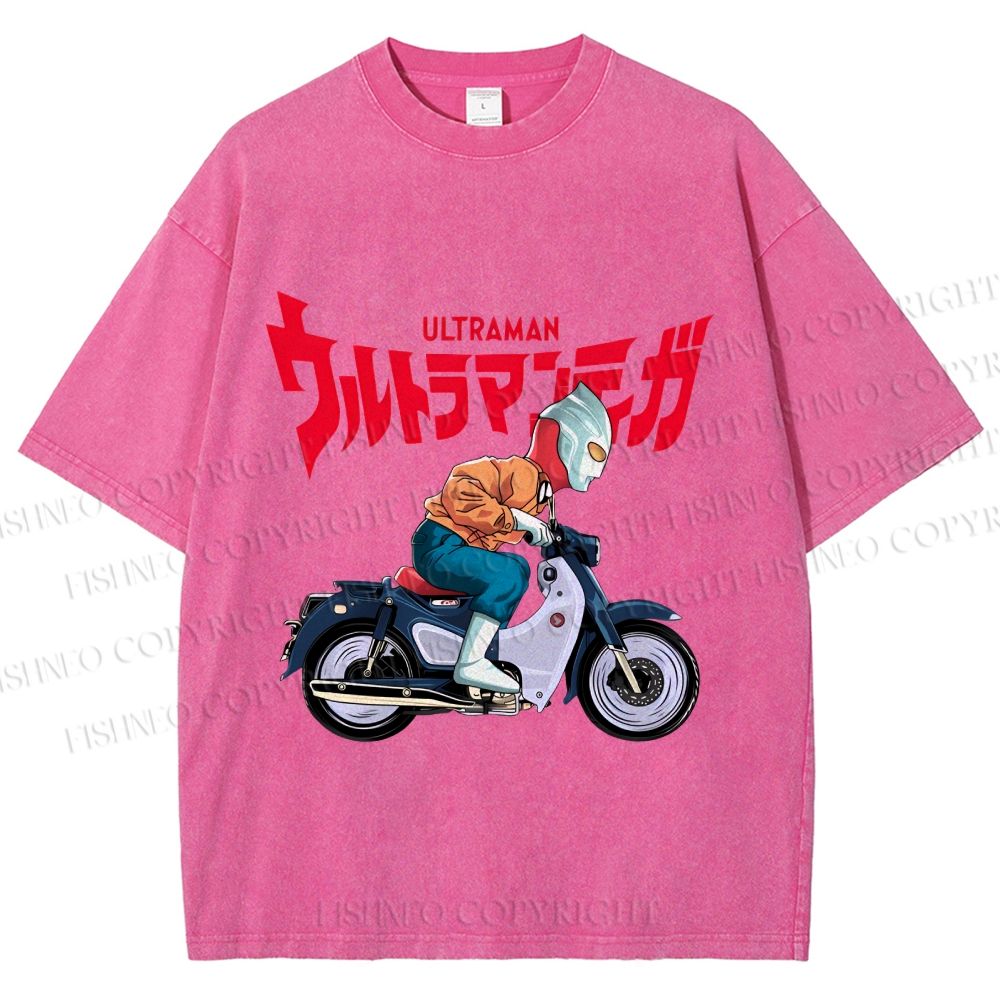 Unisex Japanese Ultra Man Motorcycle Printed Washed Tee