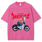 Unisex Japanese Ultra Man Motorcycle Printed Washed Tee