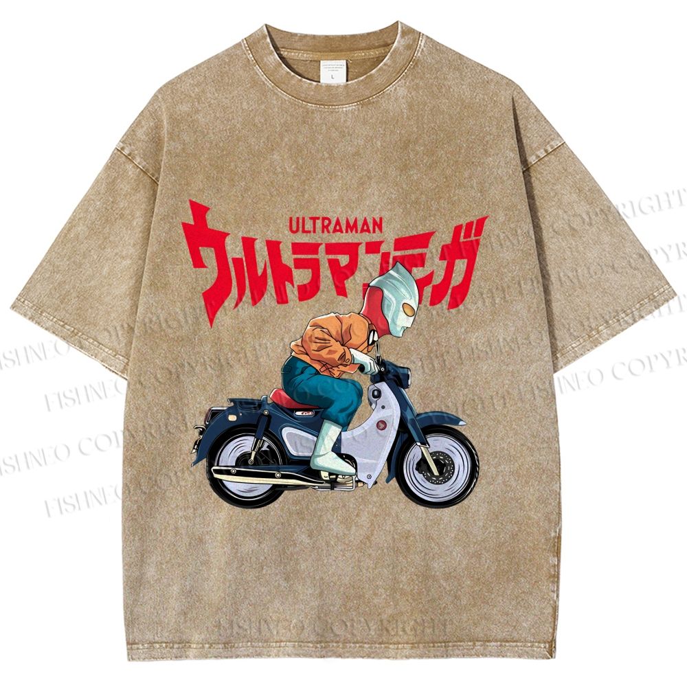 Unisex Japanese Ultra Man Motorcycle Printed Washed Tee