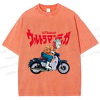 Unisex Japanese Ultra Man Motorcycle Printed Washed Tee