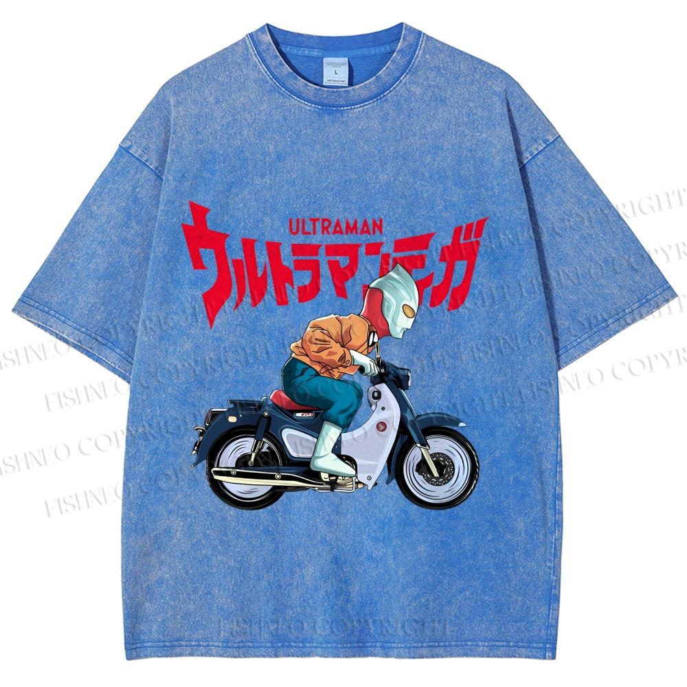 Unisex Japanese Ultra Man Motorcycle Printed Washed Tee