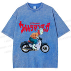 Unisex Japanese Ultra Man Motorcycle Printed Washed Tee